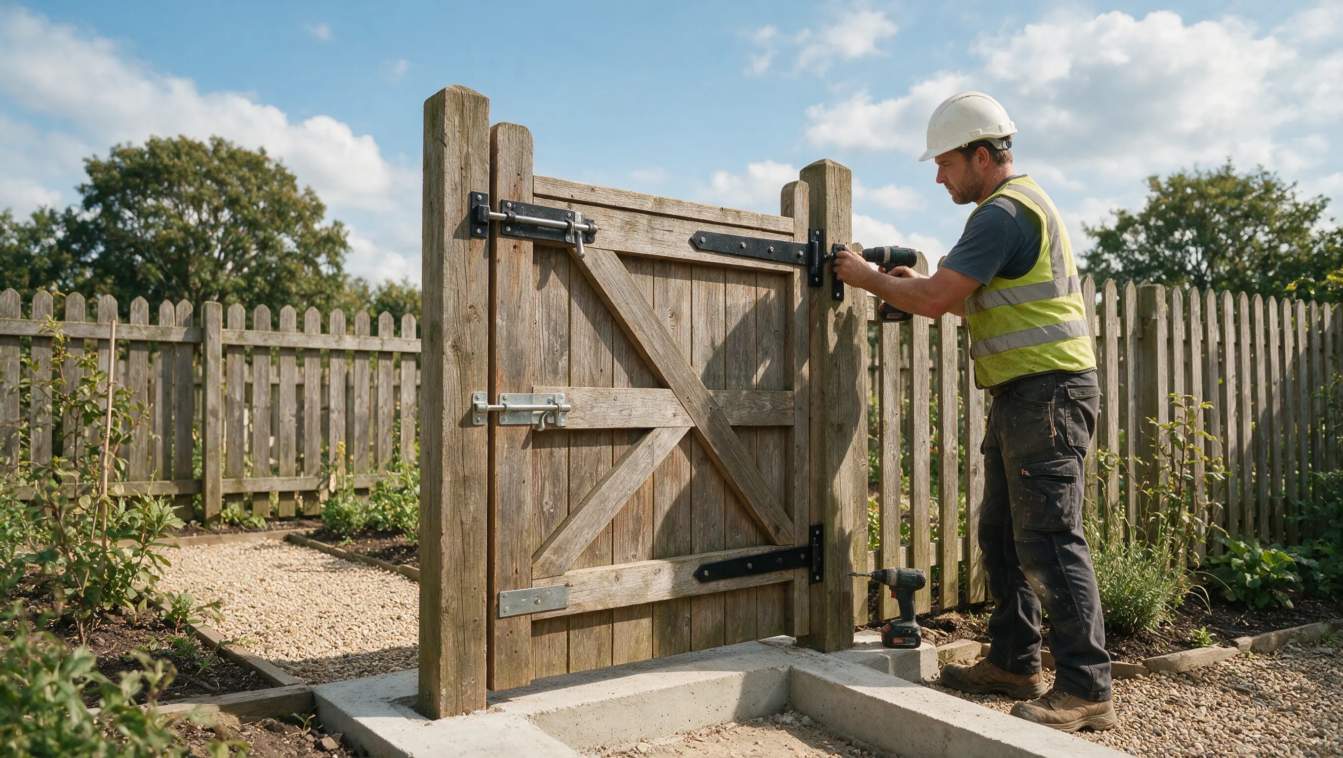 Person installing hinges and a gate latch on a wooden garden gate with a cordless drill between sturdy fence posts.
