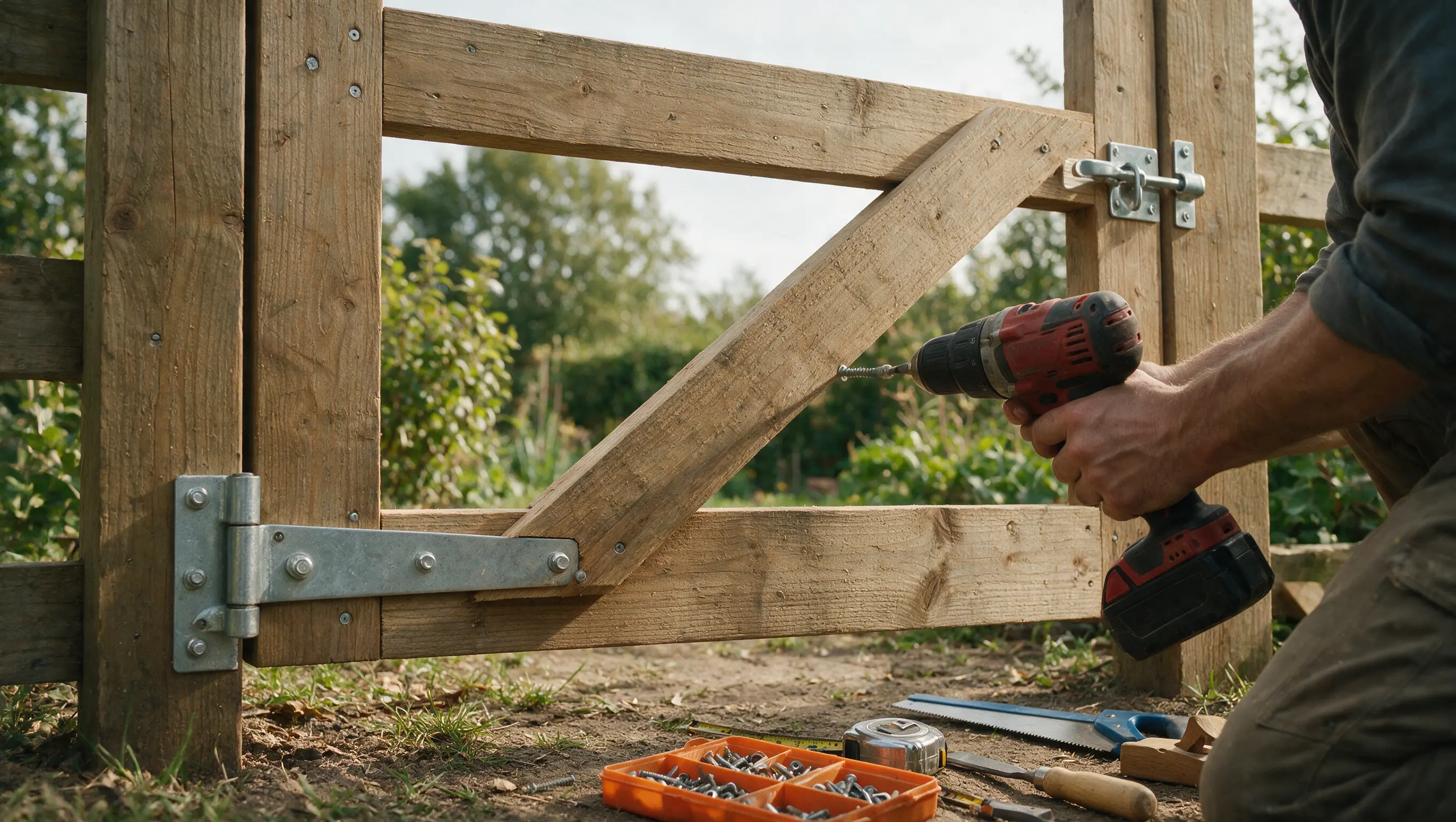 Person securing a diagonal brace to a wooden garden gate with a cordless drill inside a woodworking workshop.