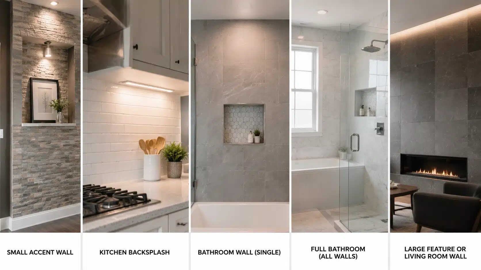 Interior design collage showing tiled accent wall, kitchen backsplash, bathroom walls, and living room feature wall with modern finishes.
