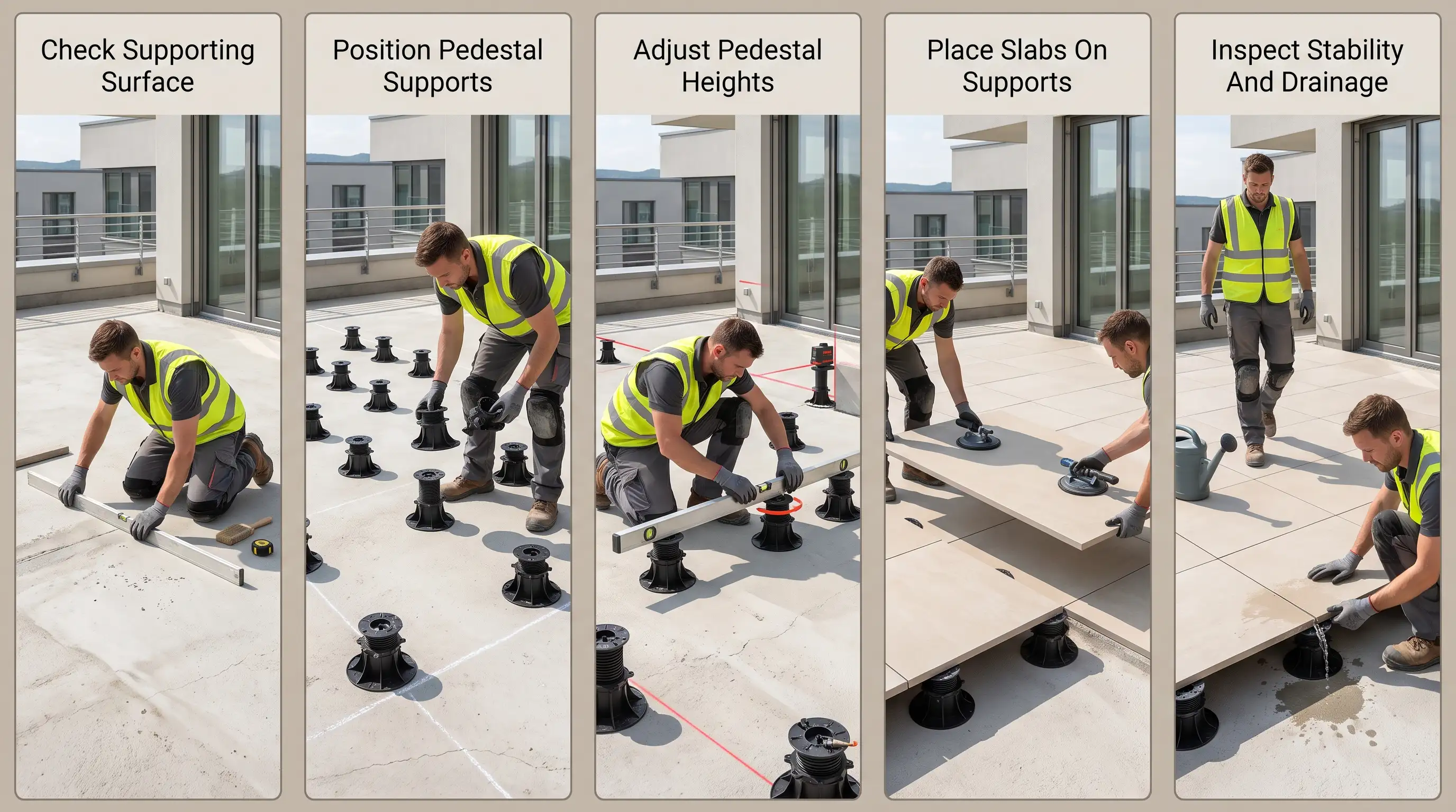 Installing porcelain slabs on adjustable pedestal supports for raised paving.