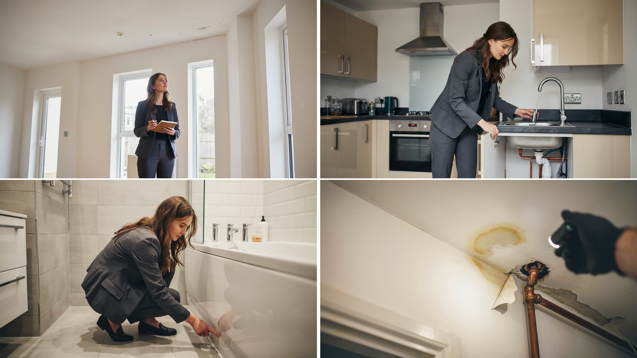 Homebuyer inspecting living spaces, kitchen cabinets, bathroom leaks, and interior conditions before purchase.