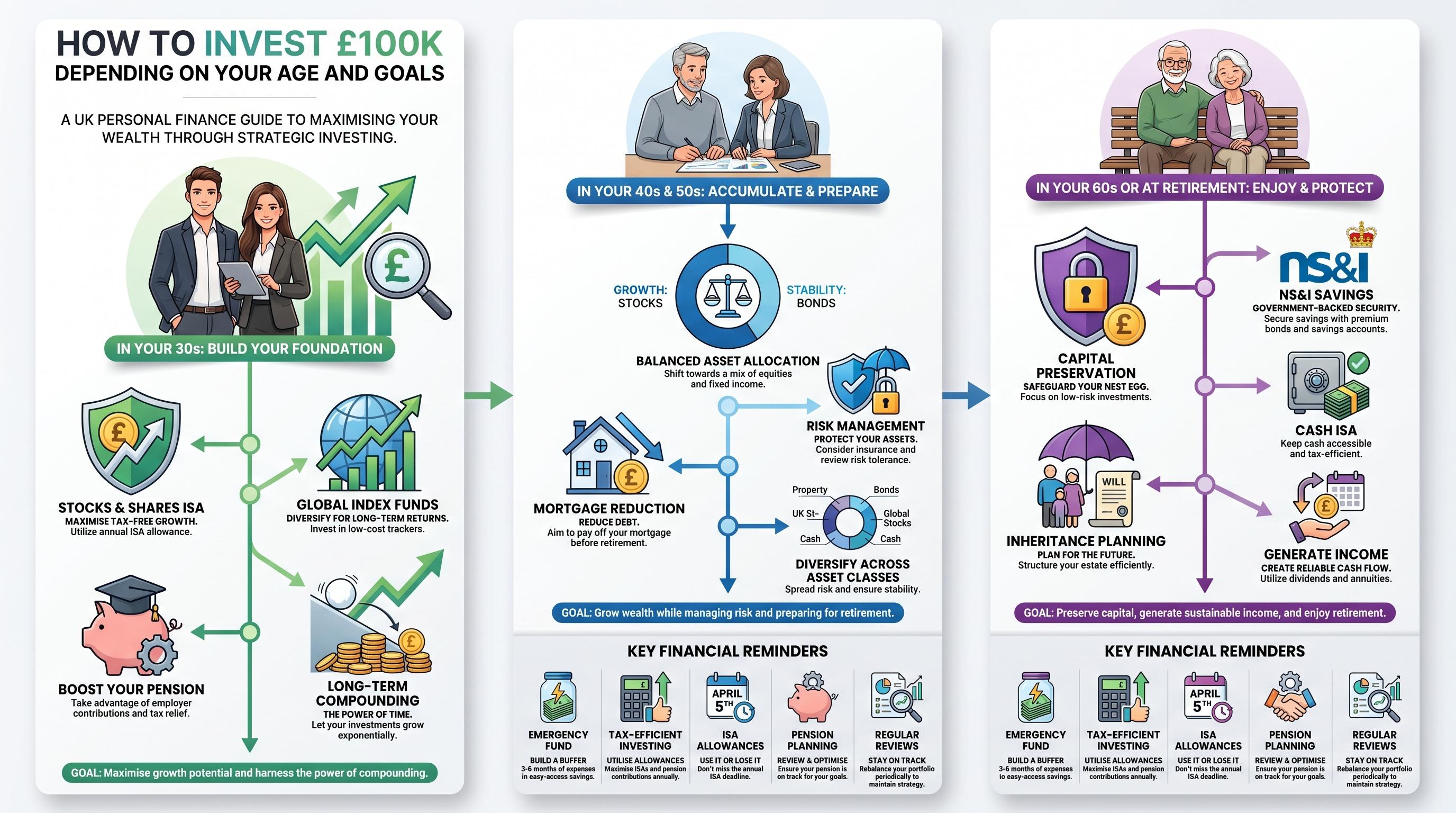 Infographic showing how to invest £100,000 based on age, with strategies for people in their 30s, 40s–50s, and 60s+, focusing on growth, balanced investing, and capital preservation