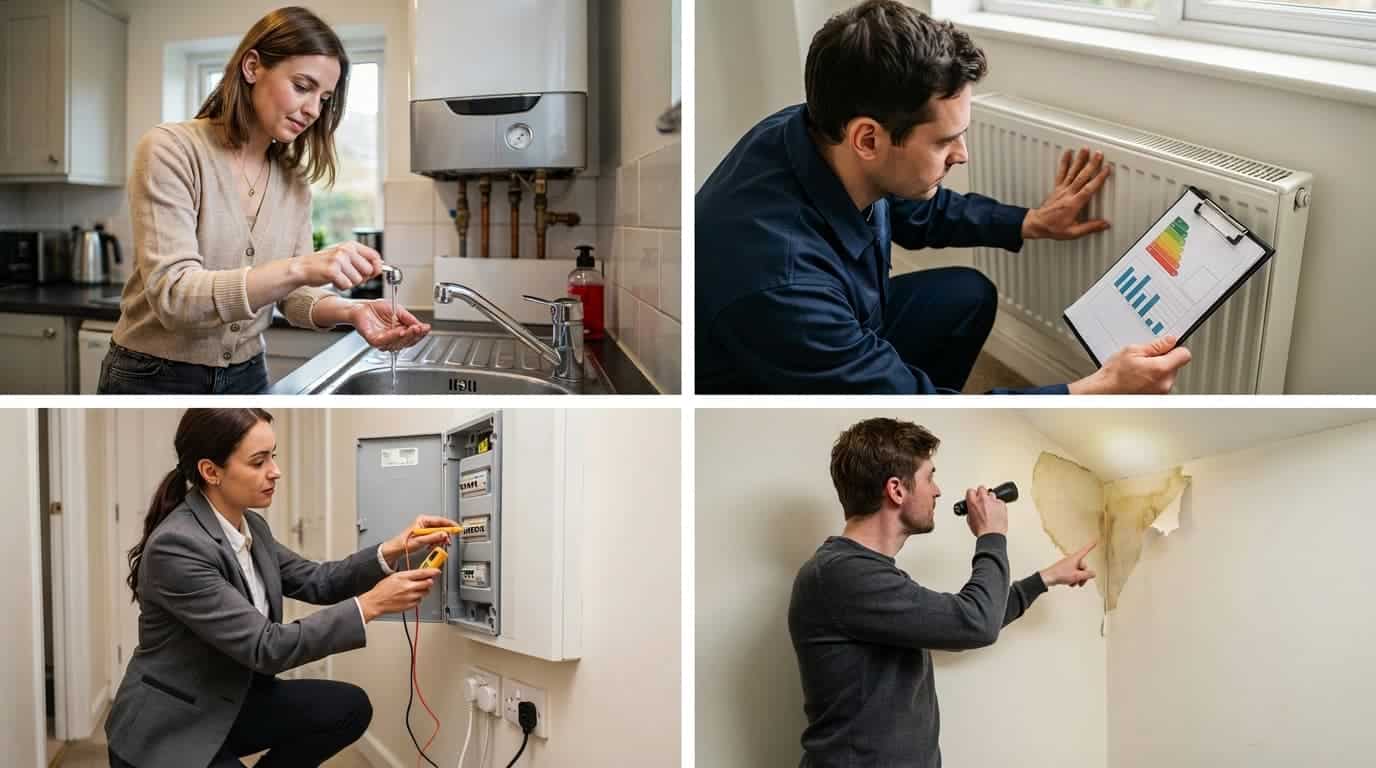 Buyer checking plumbing, heating, electrical systems, and damp signs during a house viewing.