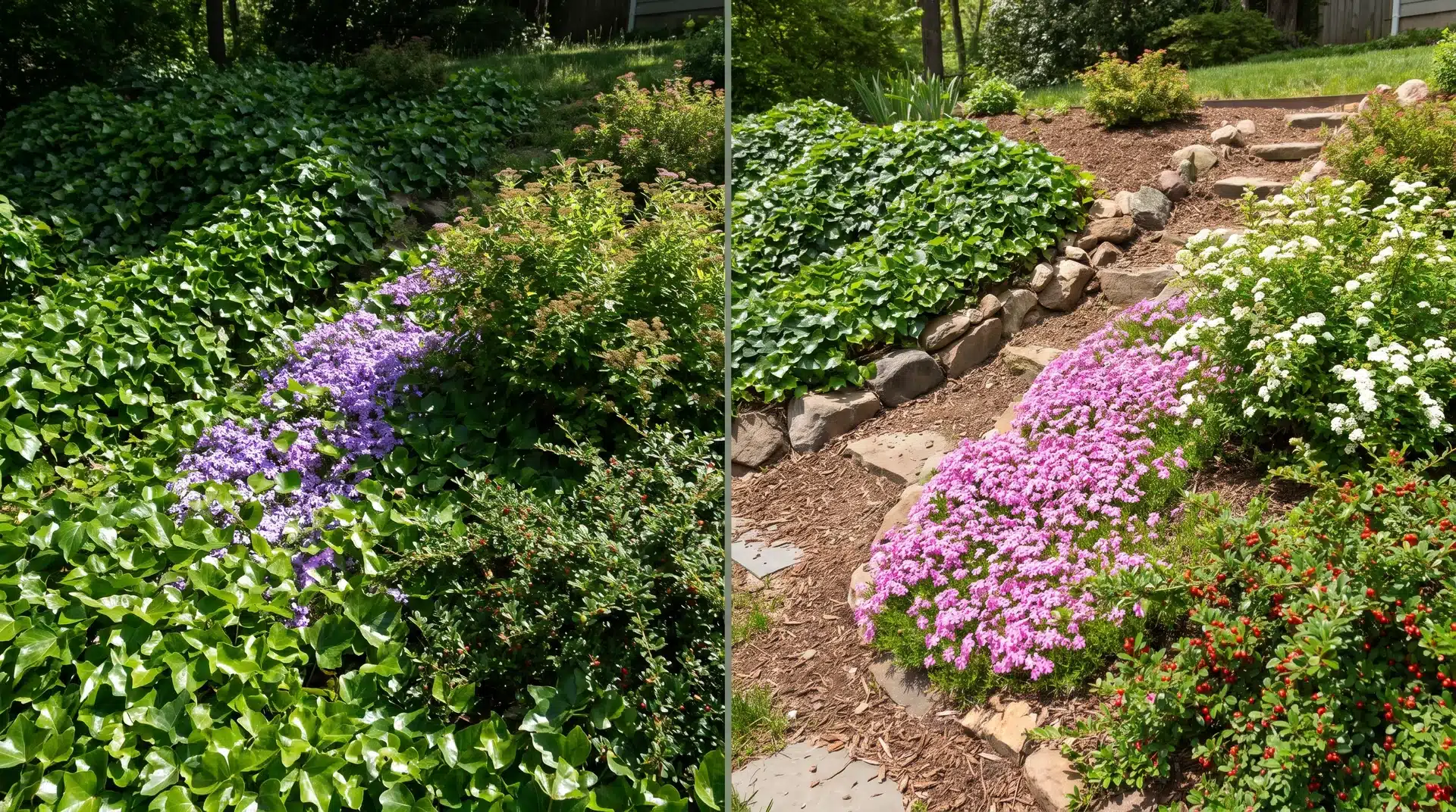 Ivy spreading among other ground covers showing plants to never plant together on a sloping garden.