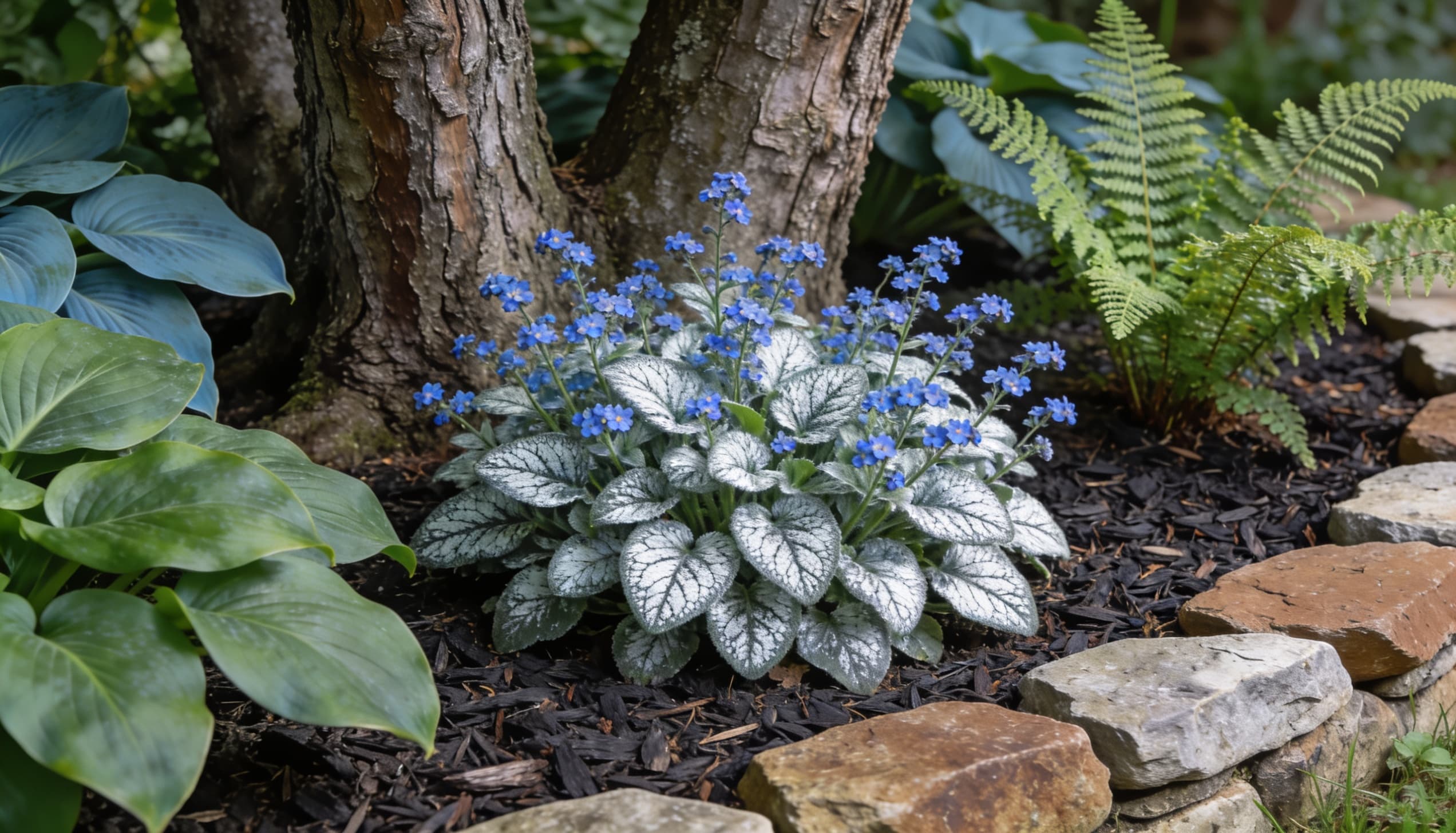 Brunnera 'Jack Frost' with silver-splashed heart-shaped leaves and small blue forget-me-not flowers, bringing brightness to a shaded garden space.