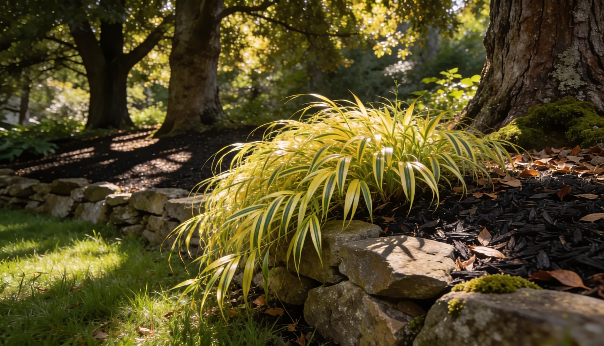 Golden-green Japanese Forest Grass cascading gracefully, bringing light and texture to a shaded garden with its vibrant, flowing foliage