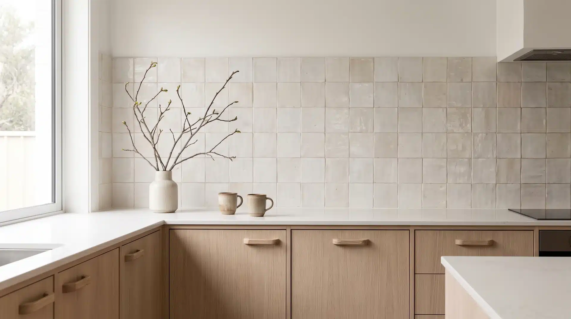 Warm off-white Japanese ceramic tile splashback with natural glaze variation behind pale timber cabinetry and carved handles.