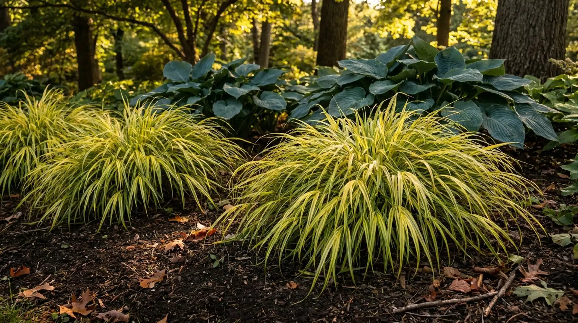 Golden Japanese forest grass Aureola cascading beside blue-green hostas in a dappled shade garden.