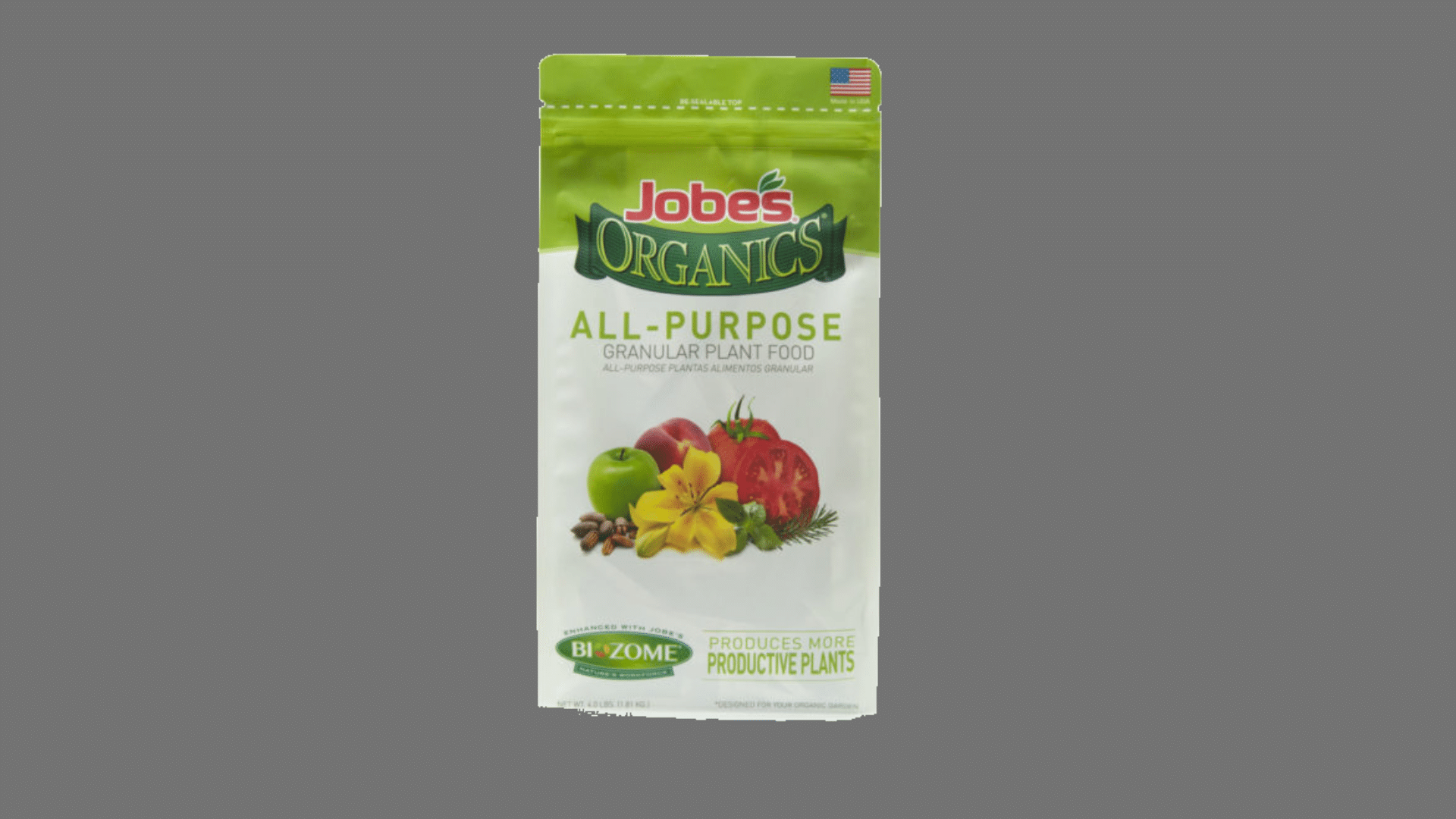 Vegetable garden with Jobe’s Organics Granular All Purpose (4-4-4) being spread evenly across soil with visible label