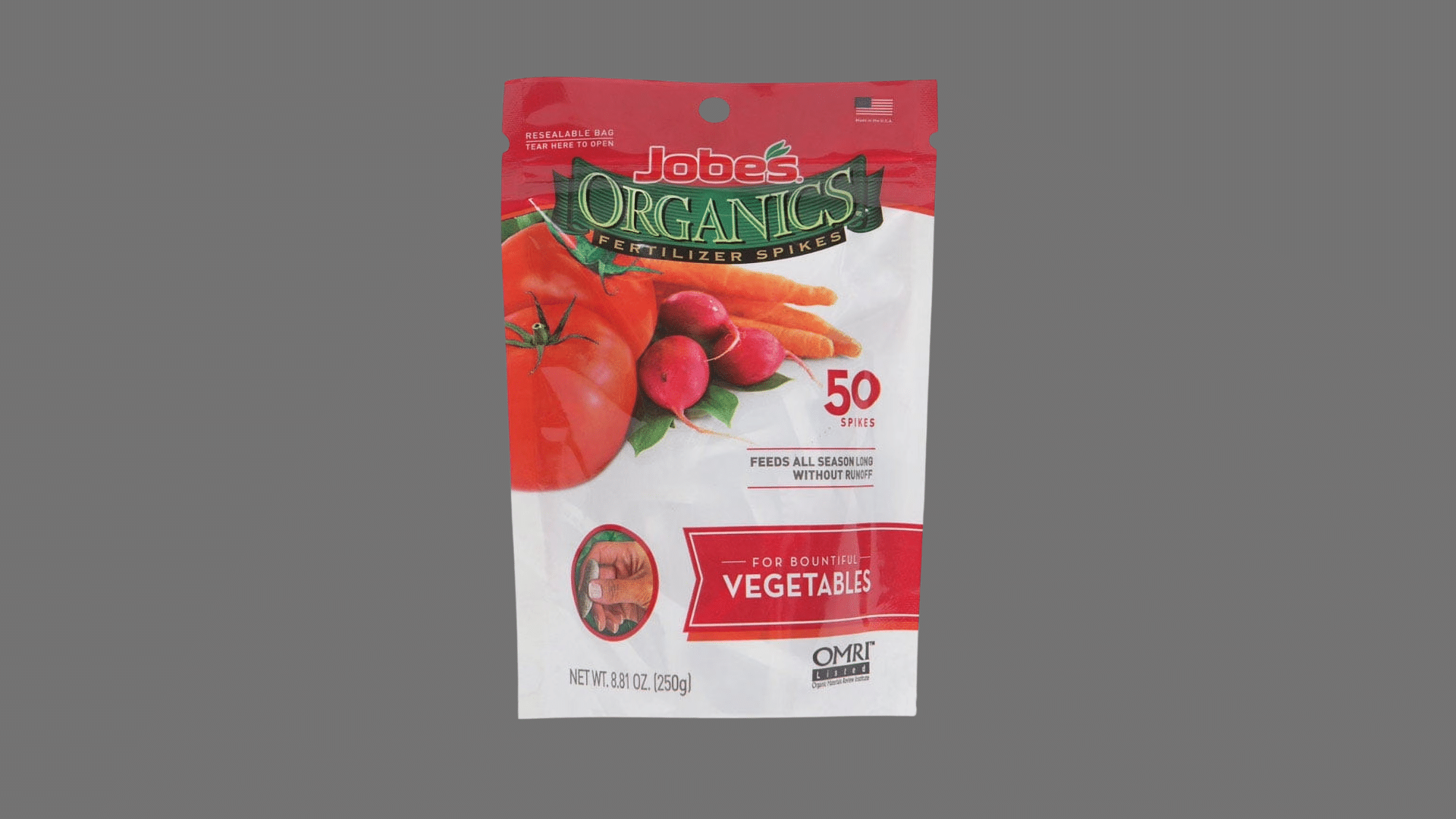 Jobe’s Organics fertilizer spikes bag for vegetables with OMRI listed organic plant food.