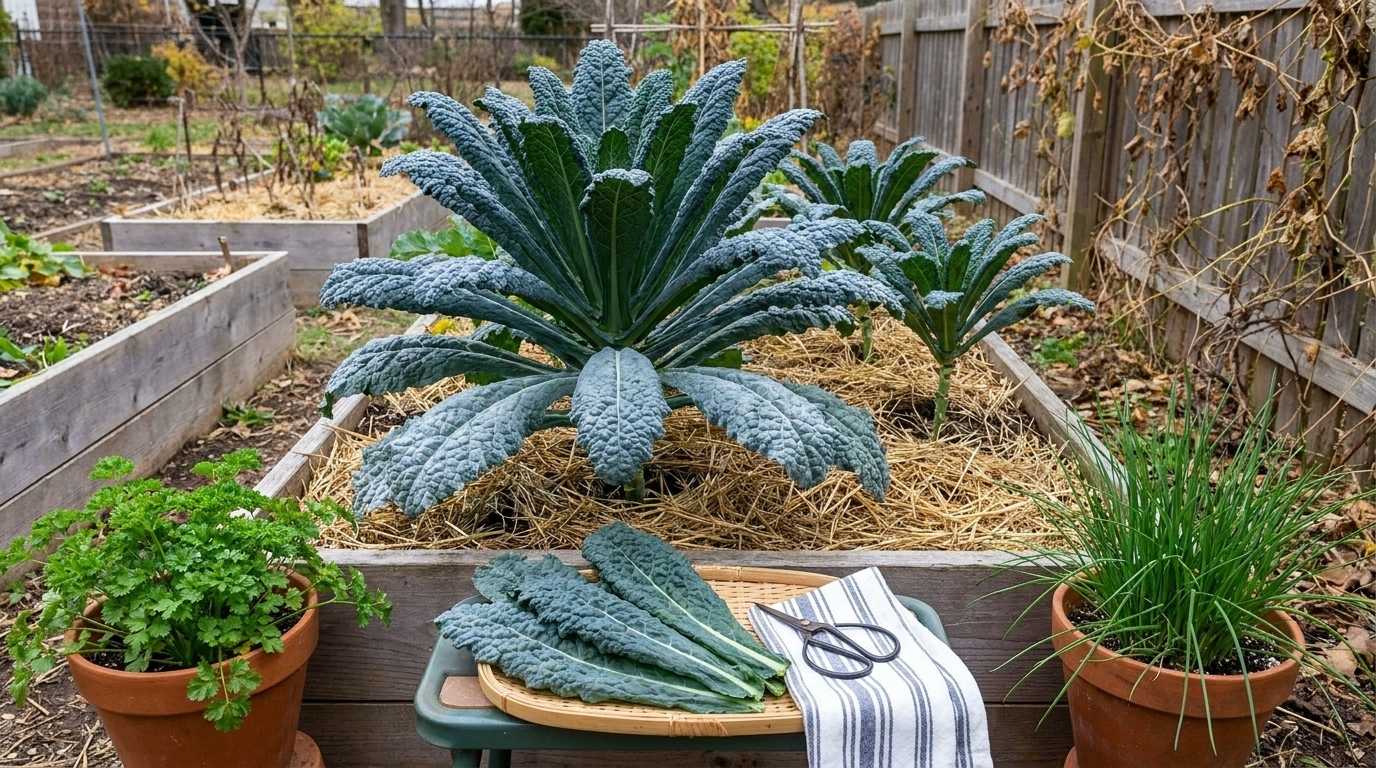 Mature kale plant with large dark blue green frost kissed crinkled leaves growing in a raised bed surrounded by a fall garden with a flat harvest basket in front.