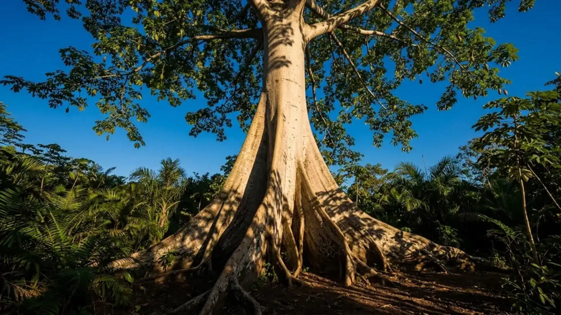 Enormous kapok tree with wide buttress roots and towering canopy in tropical forest.