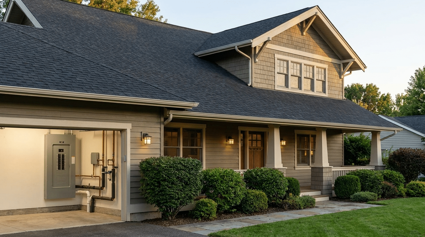 Well-maintained home exterior with a modern roof, trimmed landscaping, and an open garage showing an upgraded electrical panel.