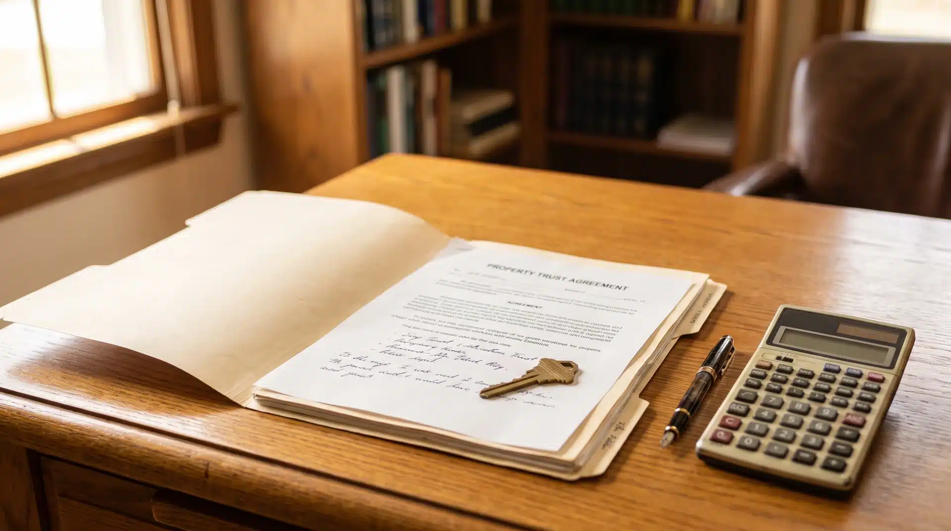Property trust document on a desk with a house key and calculator in warm natural window light.