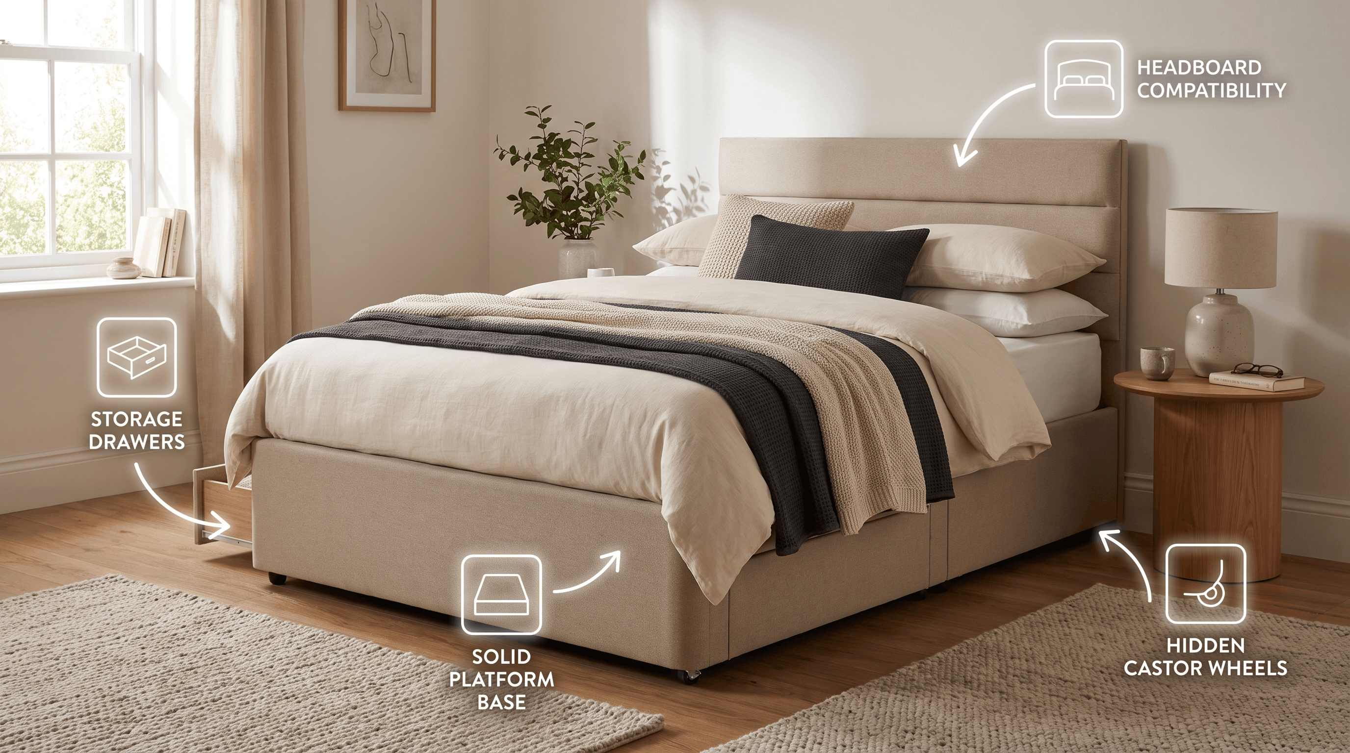 Divan bed highlighting key features like storage, base support, and headboard compatibility