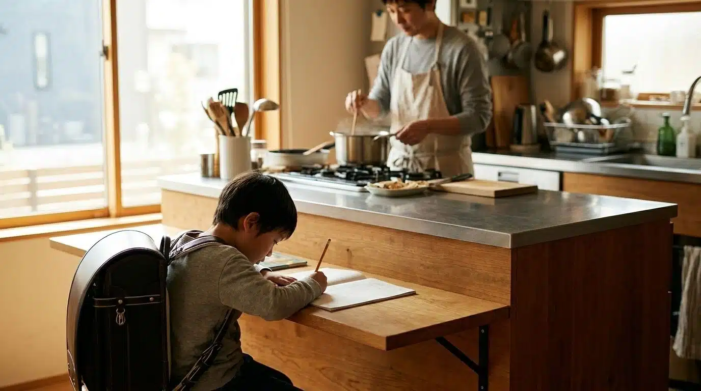 Kitchen island with lowered kids homework corner