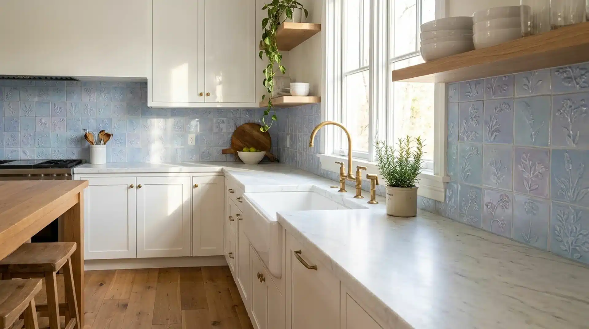 Full kitchen with pastel blue handmade ceramic relief tile splashback, farmhouse sink, brass tap and white shaker cabinets