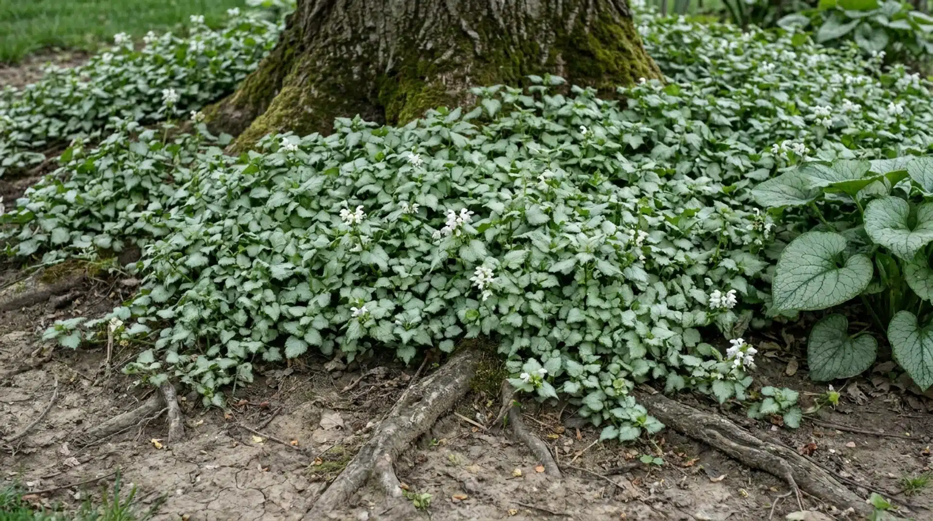 White Nancy lamium ground cover spreading beneath tree with silver foliage and white flowers over dry compacted soil.