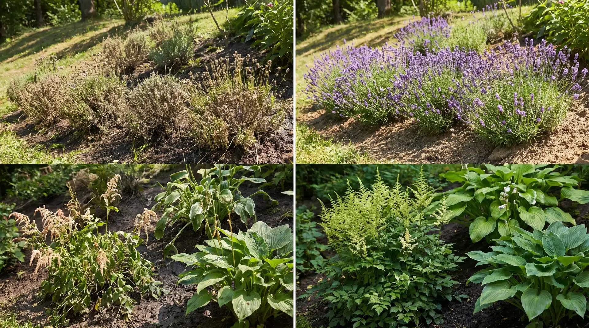 Lavender and moisture-loving plants showing combinations to never plant together due to different watering needs on slopes.