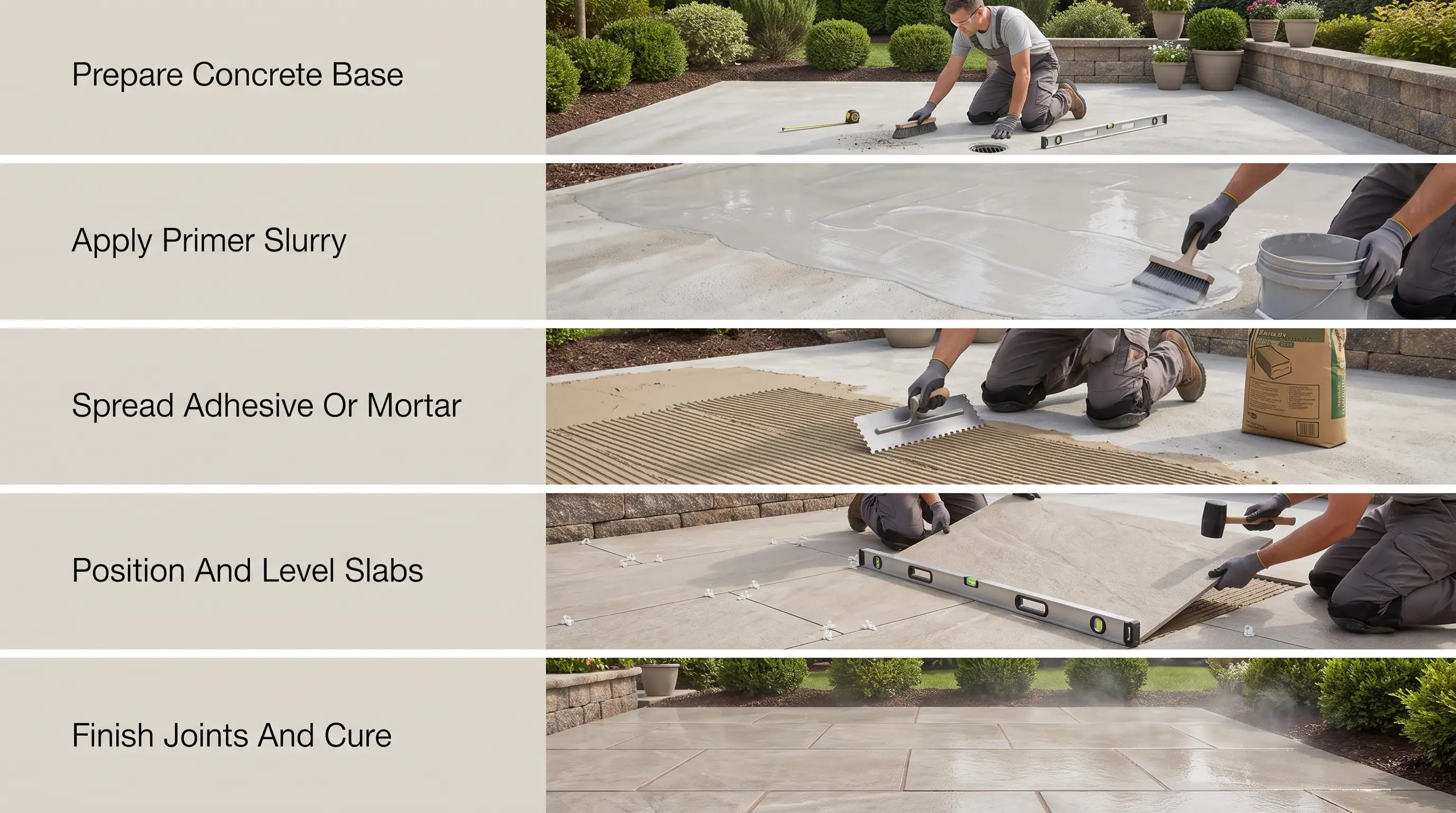 Step-by-step process of laying porcelain slabs on a concrete foundation.