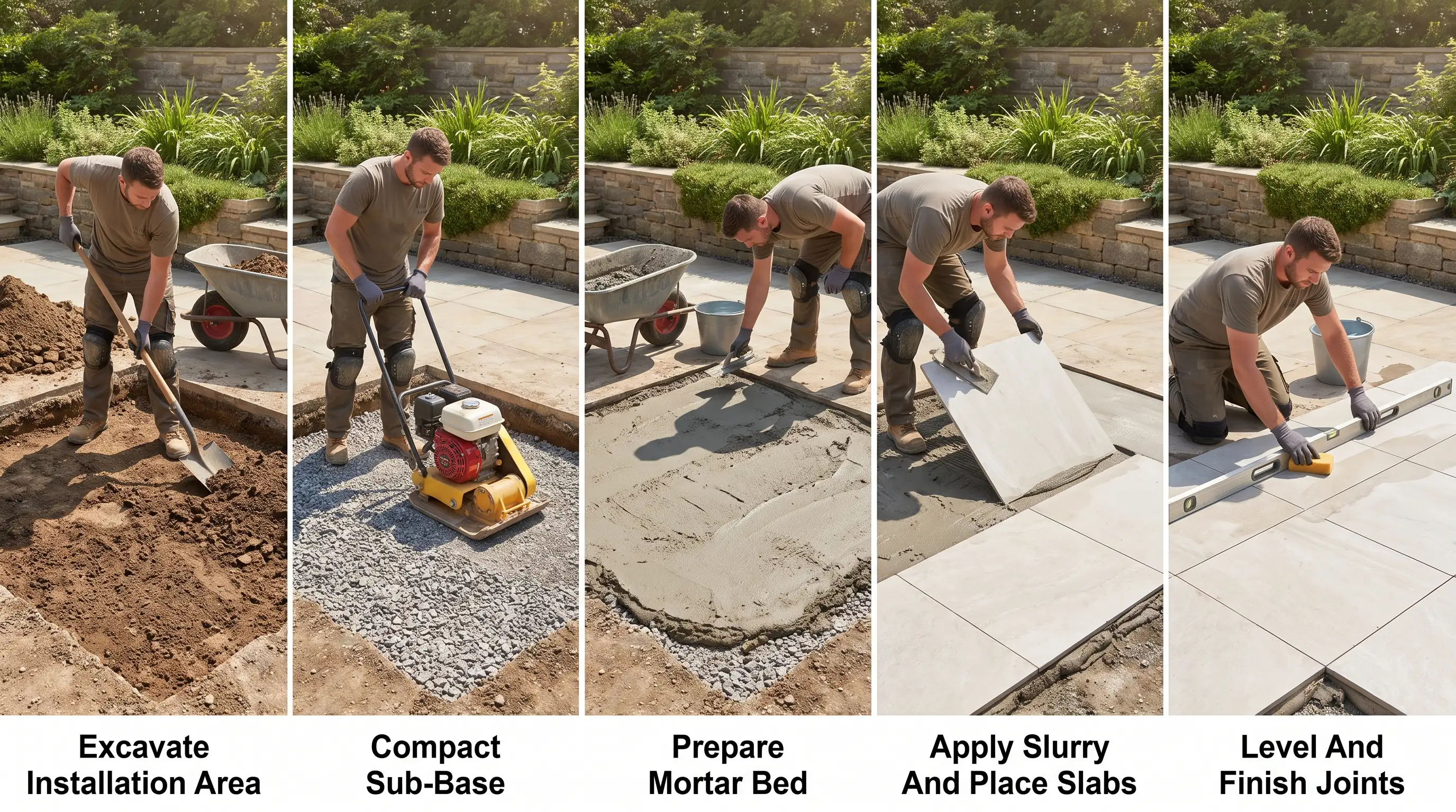 Applying outdoor adhesive before installing porcelain slabs on a patio surface.
