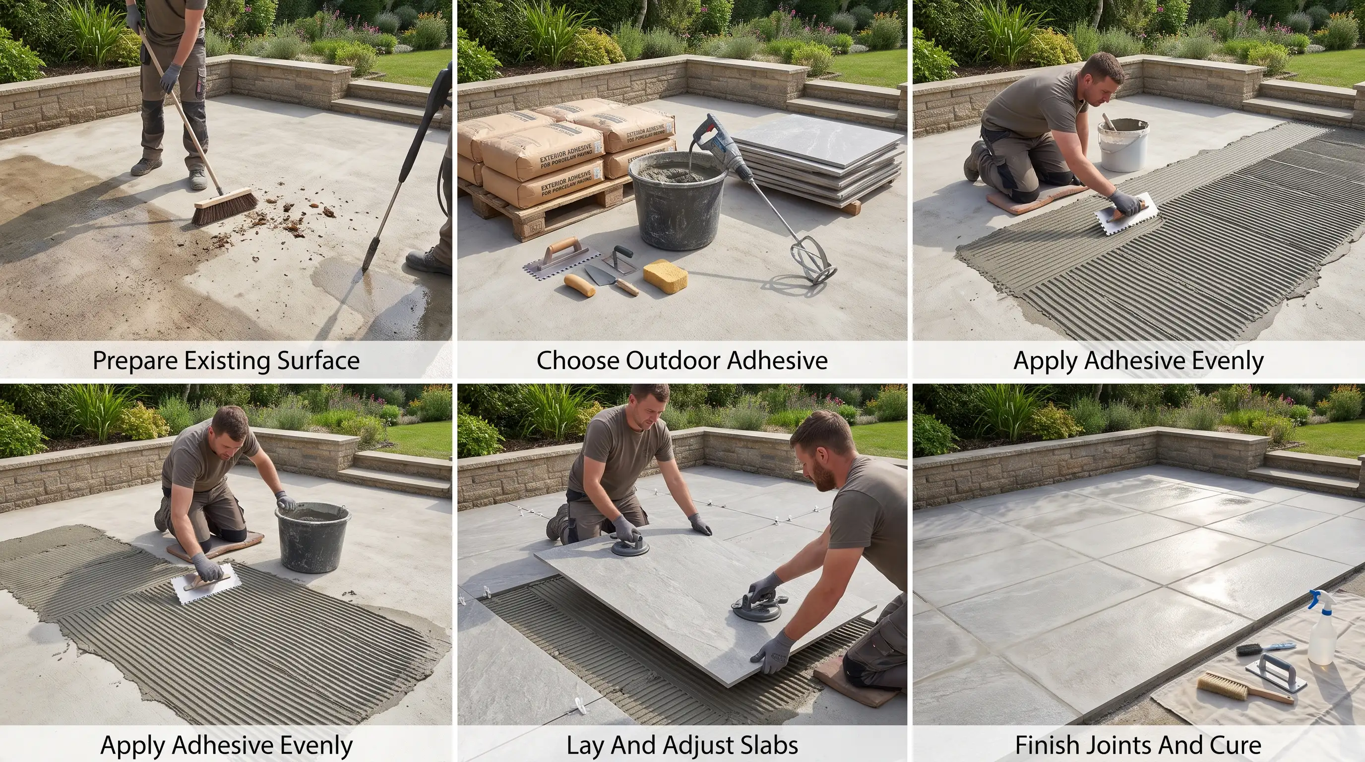 Applying outdoor adhesive before installing porcelain slabs on a patio surface.