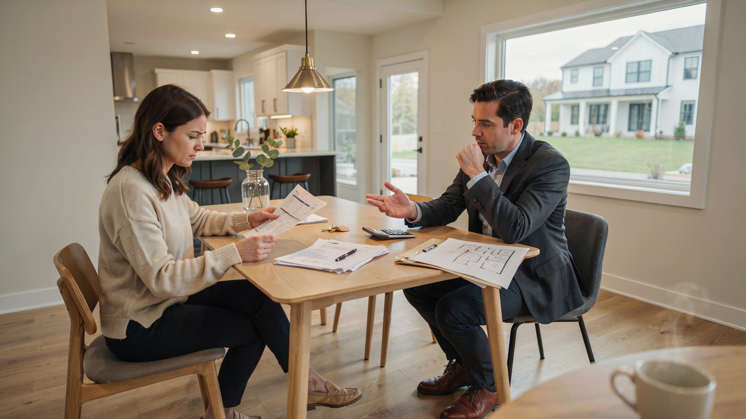 Homebuyer reviewing property documents and house purchase paperwork with a real estate agent.
