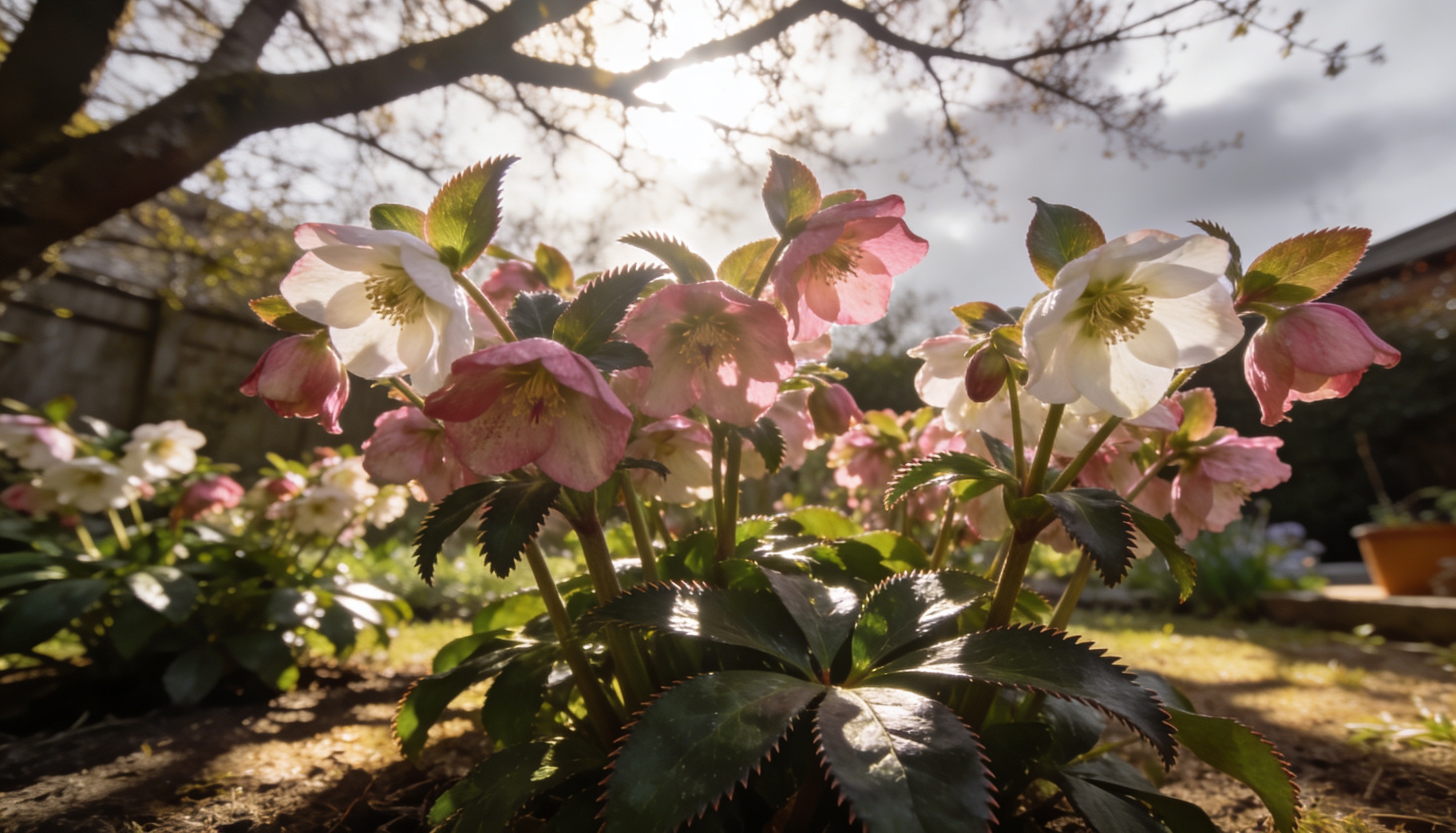 Close-up of Lenten Rose flowers with soft, nodding blooms in shades of white, pink, or deep purple. Glossy green, leathery leaves form a low evergreen mound in a shaded garden