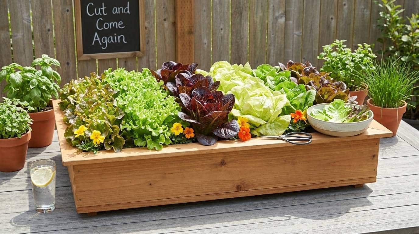 Mixed looseleaf lettuce varieties including red romaine and green oak leaf growing in a wooden planter box on a sunny backyard patio table.
