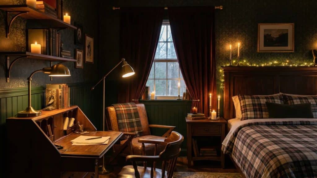 Dark academia bedroom with layered warm lighting, brass desk lamp, candles on shelves and nightstand, plaid bedding, burgundy curtains, forest green walls, and subtle string lights along the headboard.