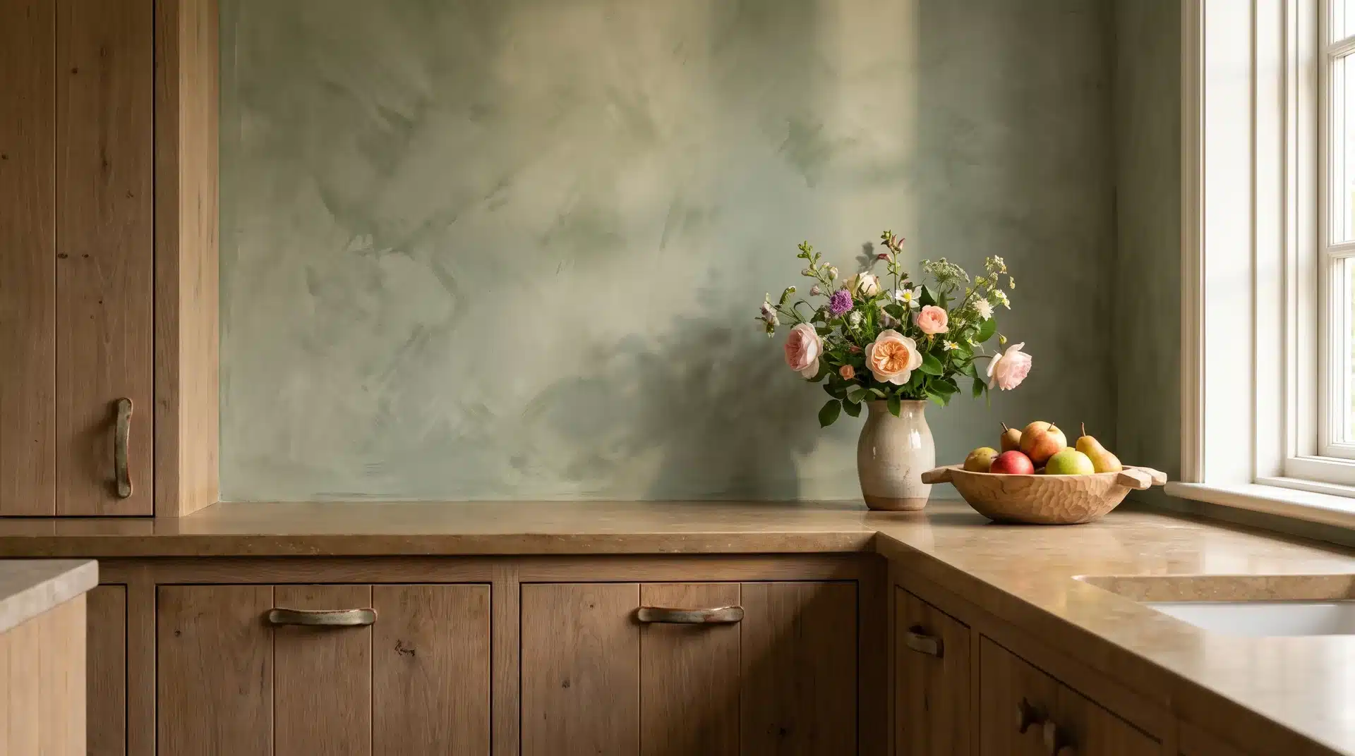 Dusty sage limewash paint splashback behind unpainted oak cabinetry with ceramic handles and garden flowers.