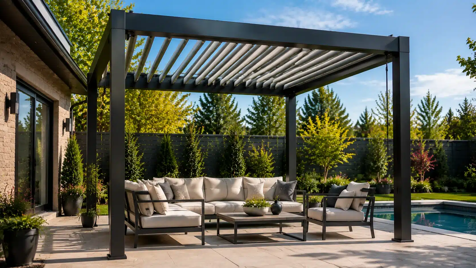 Louvered pergola with adjustable roof slats that control sunlight and rain while creating a comfortable outdoor relaxation area.