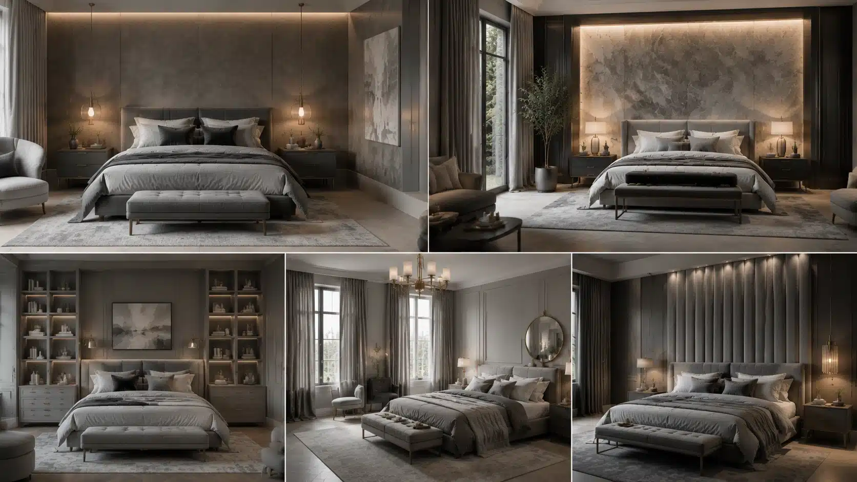 Five luxury grey bedrooms featuring suede walls, stone headboards, custom millwork, silk drapes, and upholstered panels.