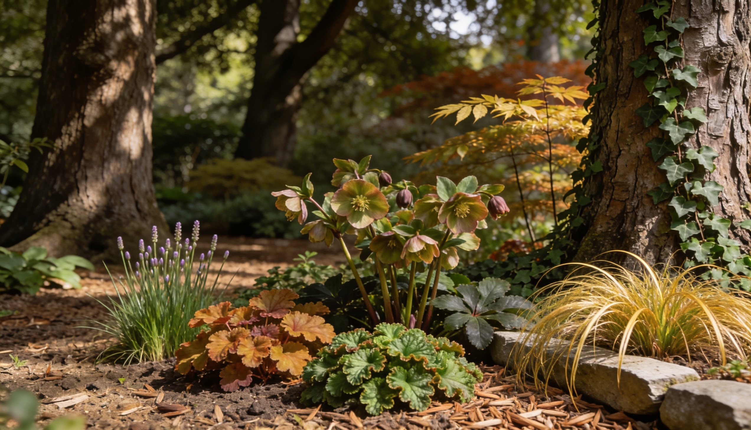 Shaded garden bed under a large tree: A tranquil garden scene featuring a shaded bed beneath a large tree, where soft sunlight filters through leaves.
