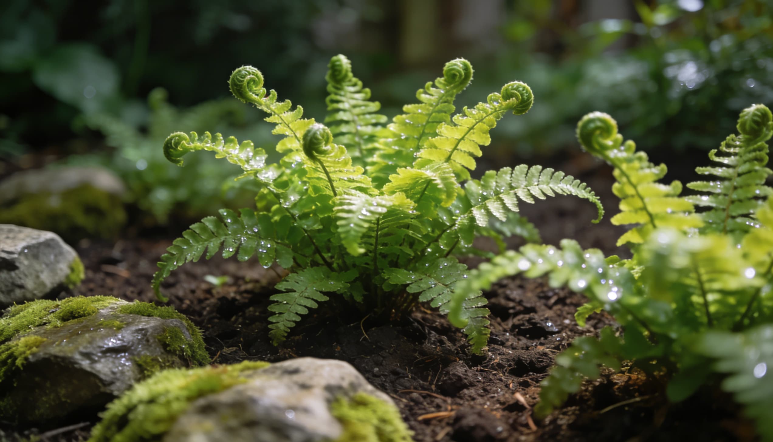 Elegant Maidenhair Fern with delicate, fan-shaped fronds on near-black stems, thriving in the moist, shaded soil of a tranquil garden.