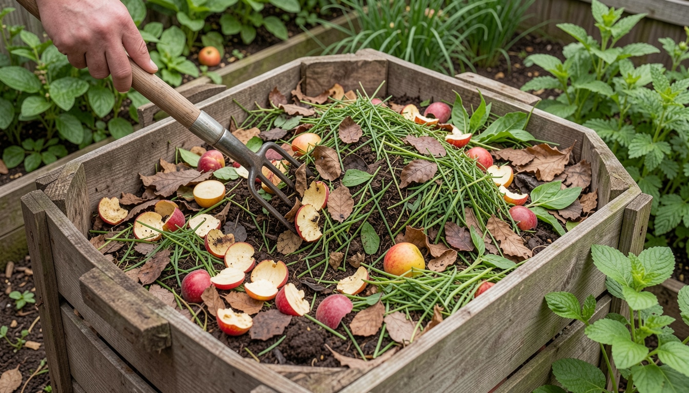 A realistic image of a garden compost pile being maintained with a garden fork, showing layers of organic waste