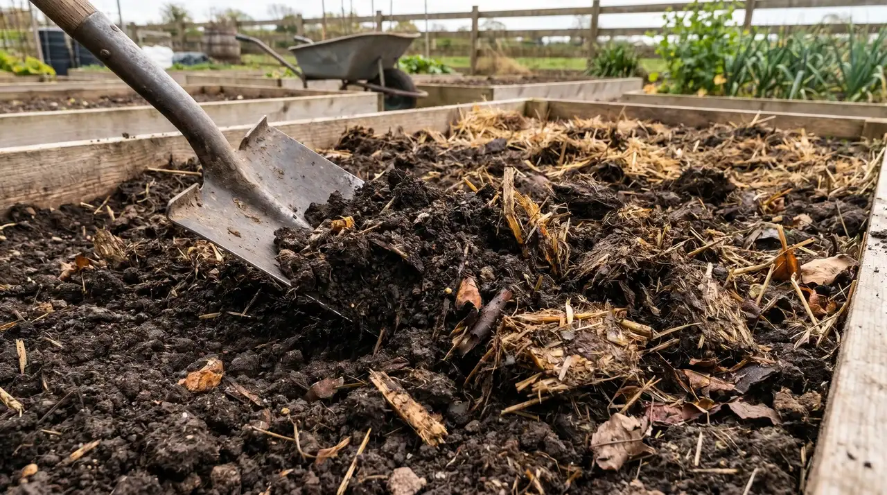 Manure garden compost improving soil fertility and structure for vegetables and flower beds.