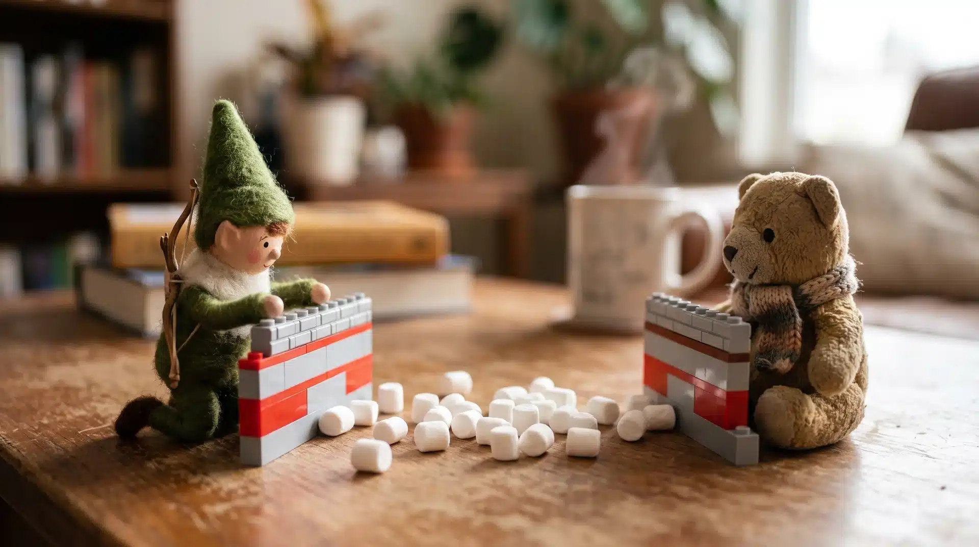 Elf on the shelf behind a Lego wall mid-snowball fight with mini marshmallows scattered between.