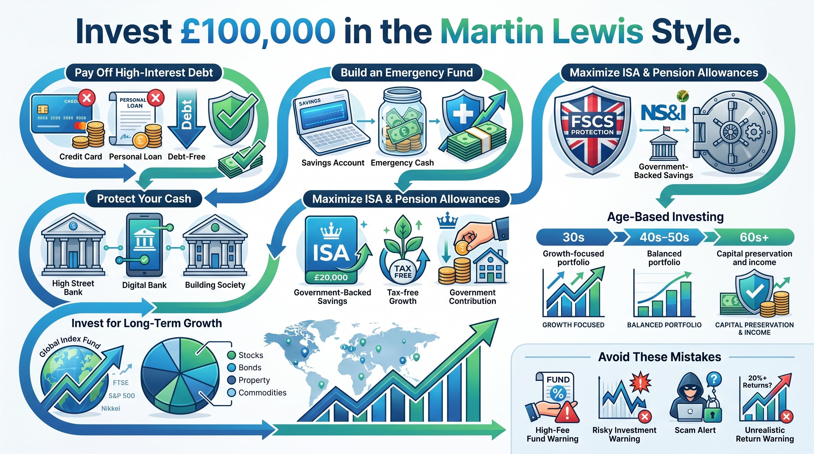 Infographic outlining key steps to invest £100,000, including debt repayment, savings, tax-efficient accounts, long-term investing, and age-based strategies.