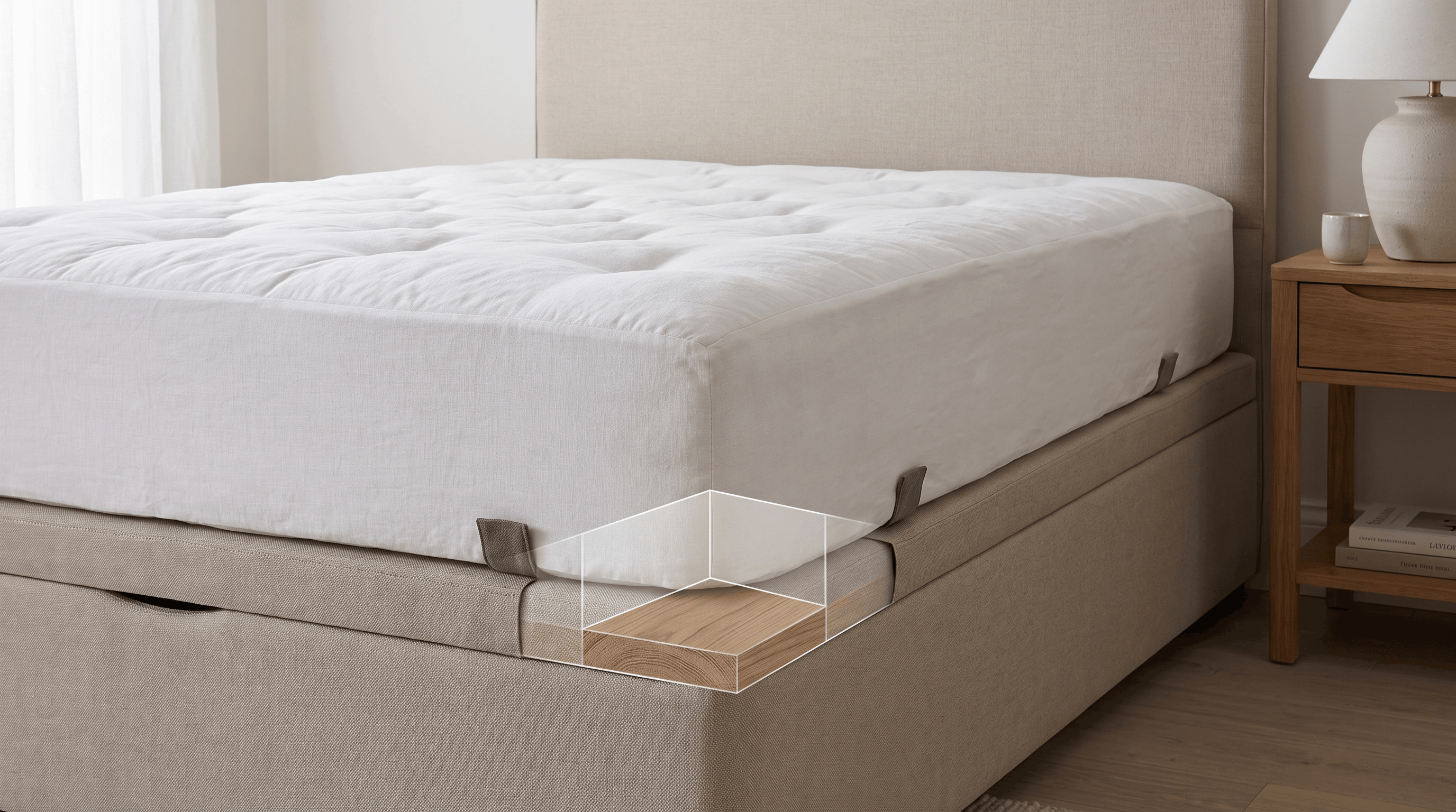 Mattress sitting evenly on a divan bed with solid base support.