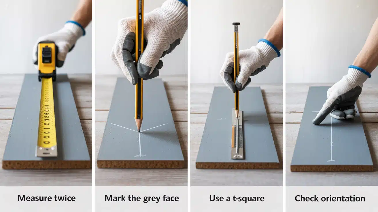 Four-step measuring and marking guide for plasterboard measure twice, mark the grey face, use a T-square, and check orientation before cutting