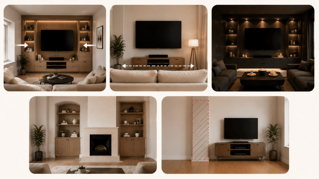 Collage showing media wall challenges in small rooms, short viewing distance, chimney breast layouts, and load-bearing walls.
