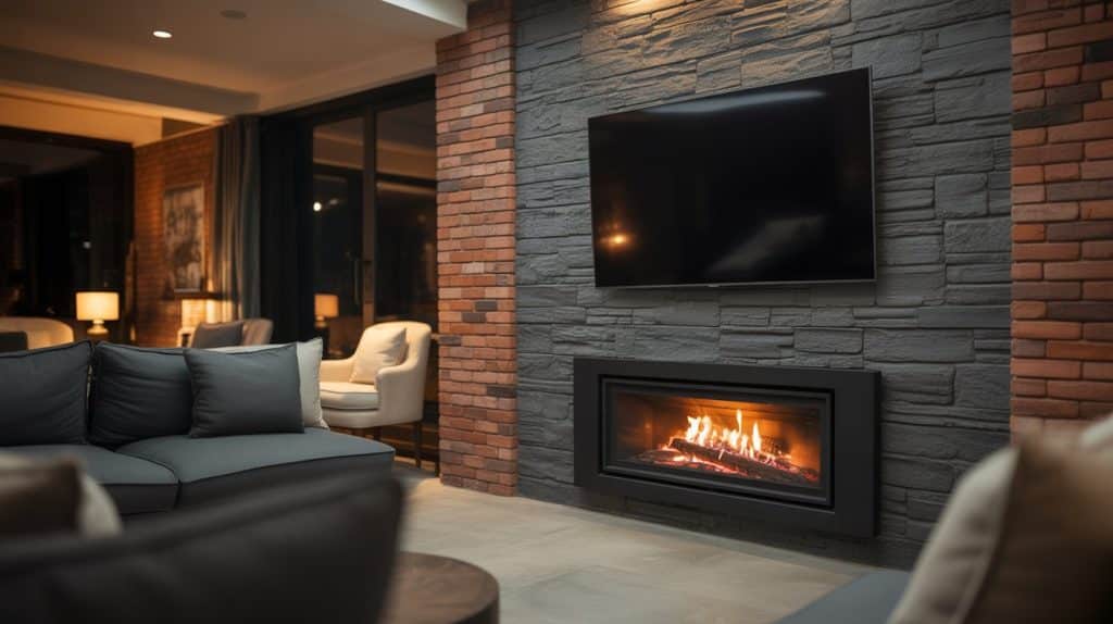 Modern living room with a wall-mounted TV above a sleek log burner fireplace.