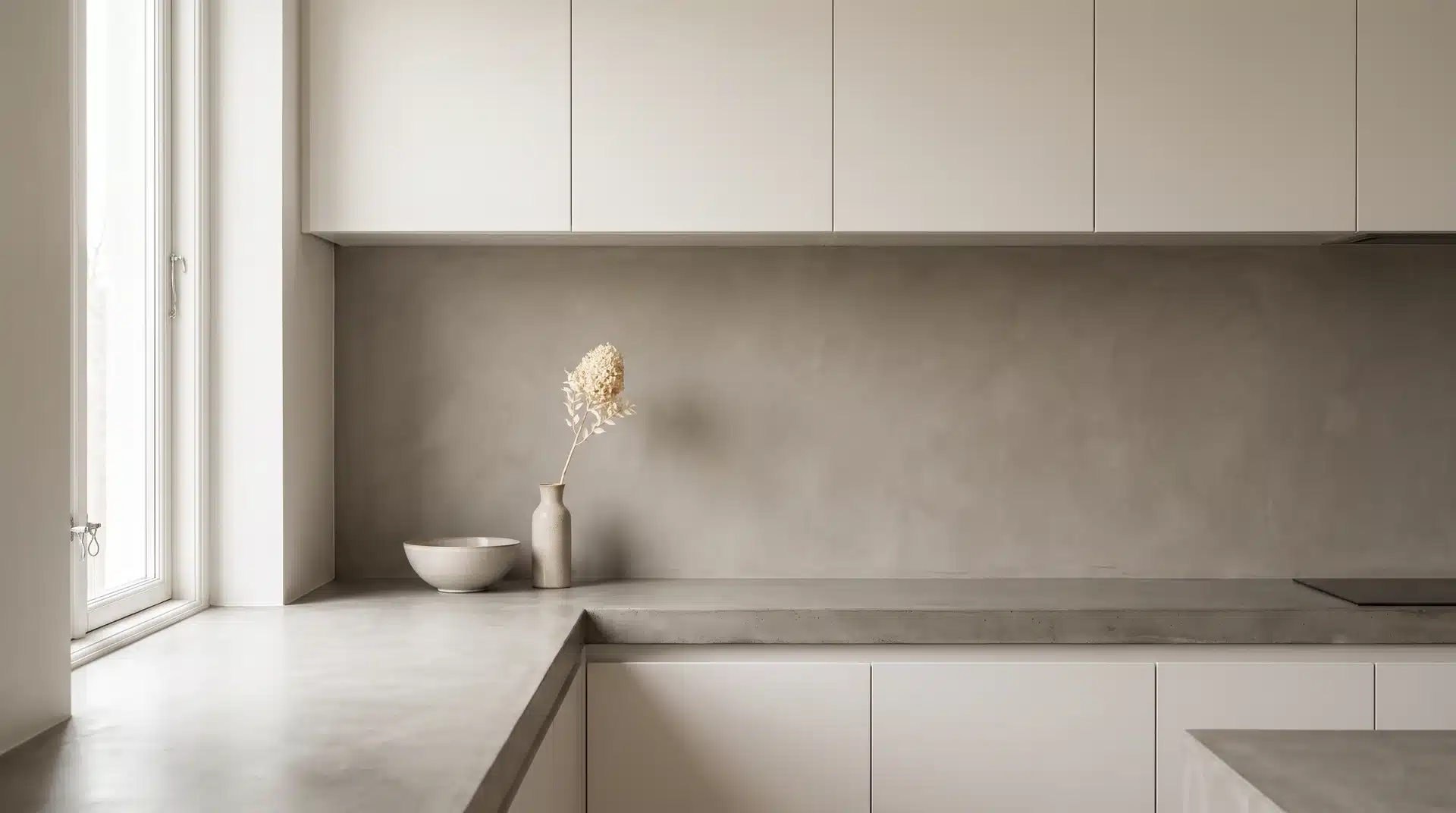 Seamless warm putty gray microcement splashback behind handleless white cabinetry and a concrete countertop.