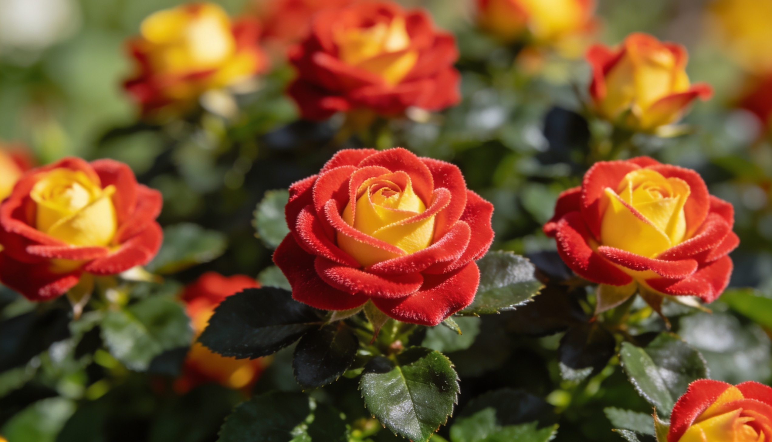 Close-up of a Miniature Rose bush in full bloom, showcasing tiny, vibrant red, pink, or yellow blooms with tightly packed petals, surrounded by dark green leaves in a sunny garden setting
