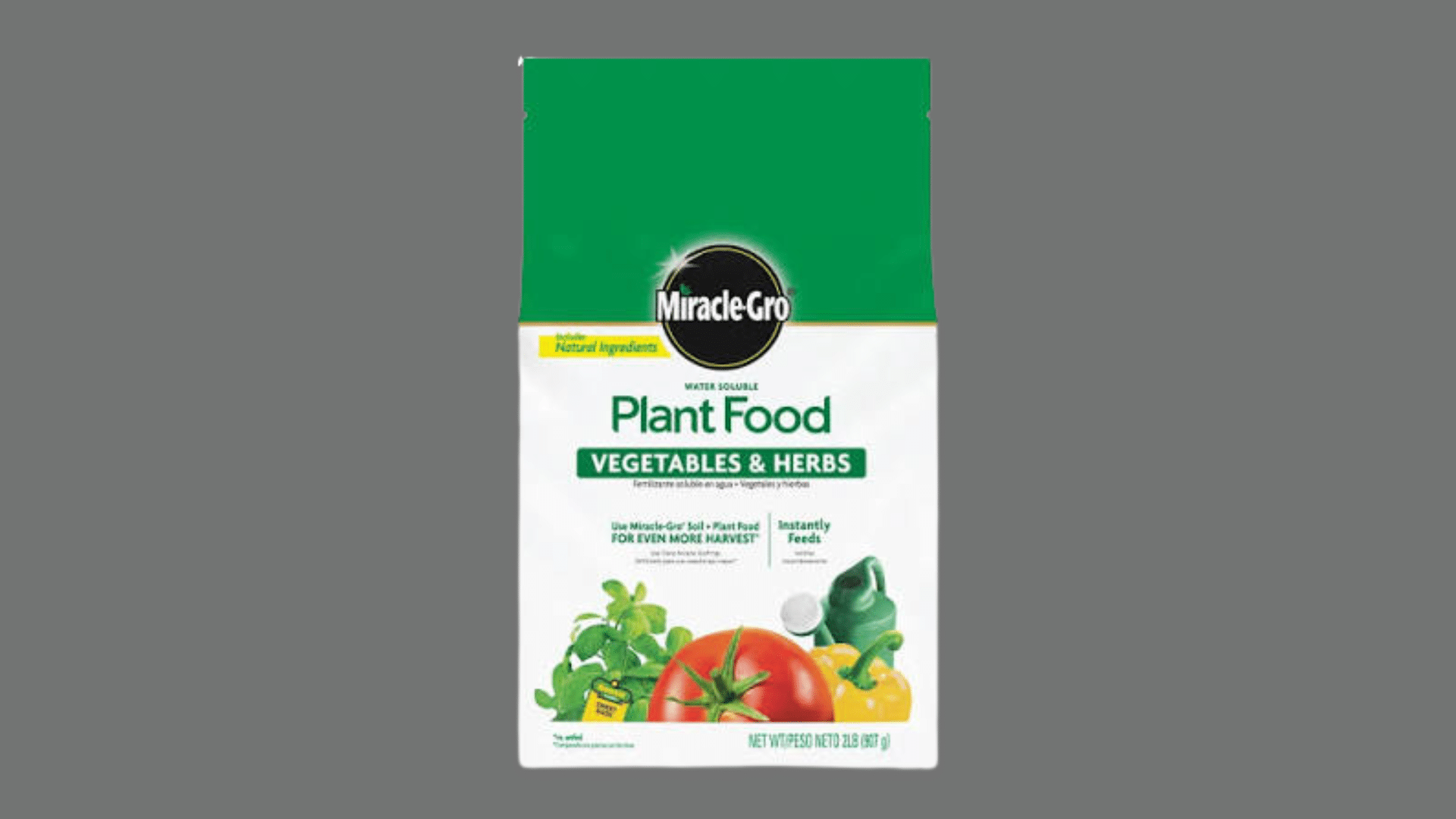 Miracle-Gro Water Soluble Plant Food for vegetables and herbs fertilizer bag.