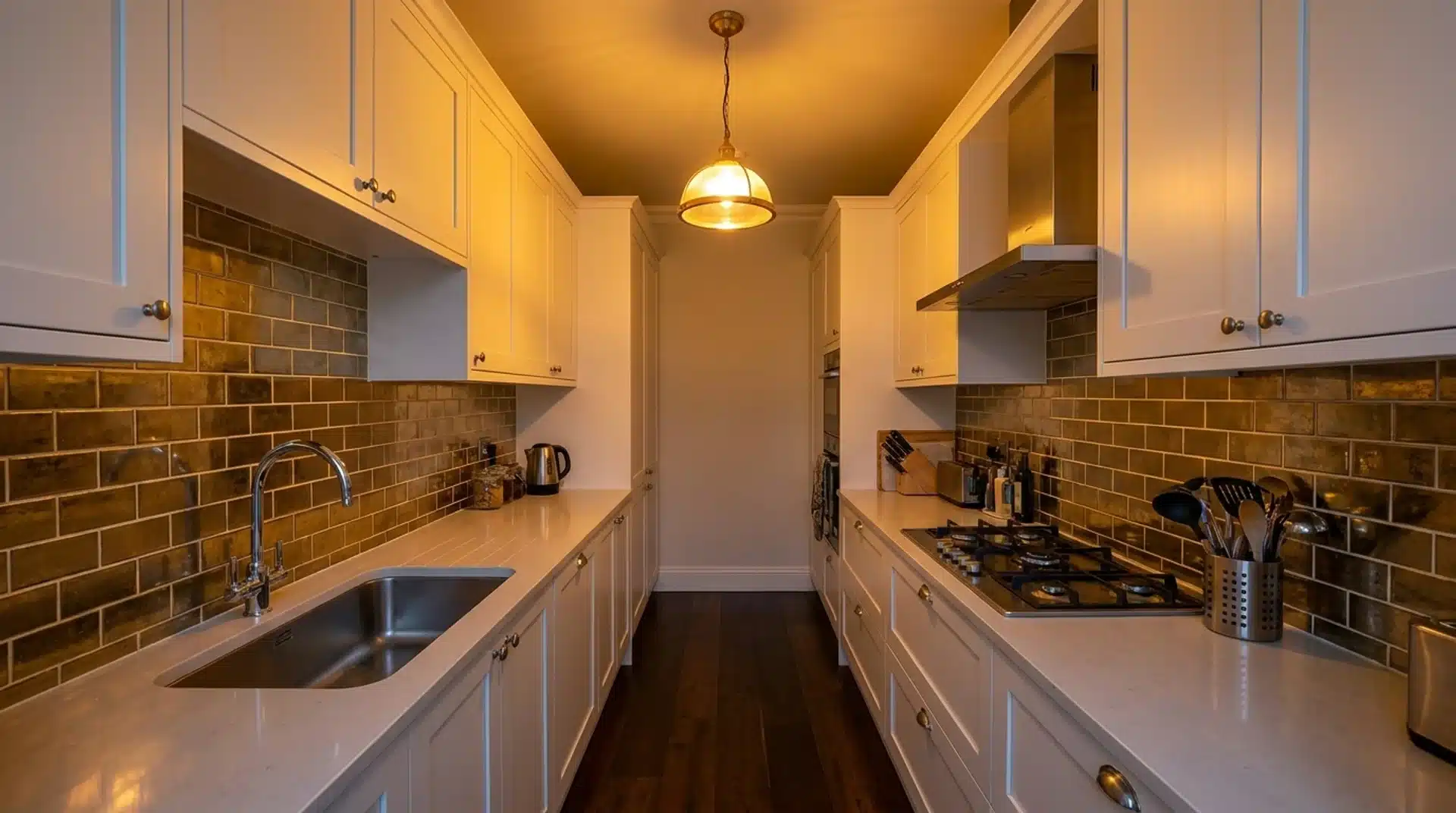 Full galley kitchen with antiqued gold metallic tile splashback on both walls behind sink and gas hob.