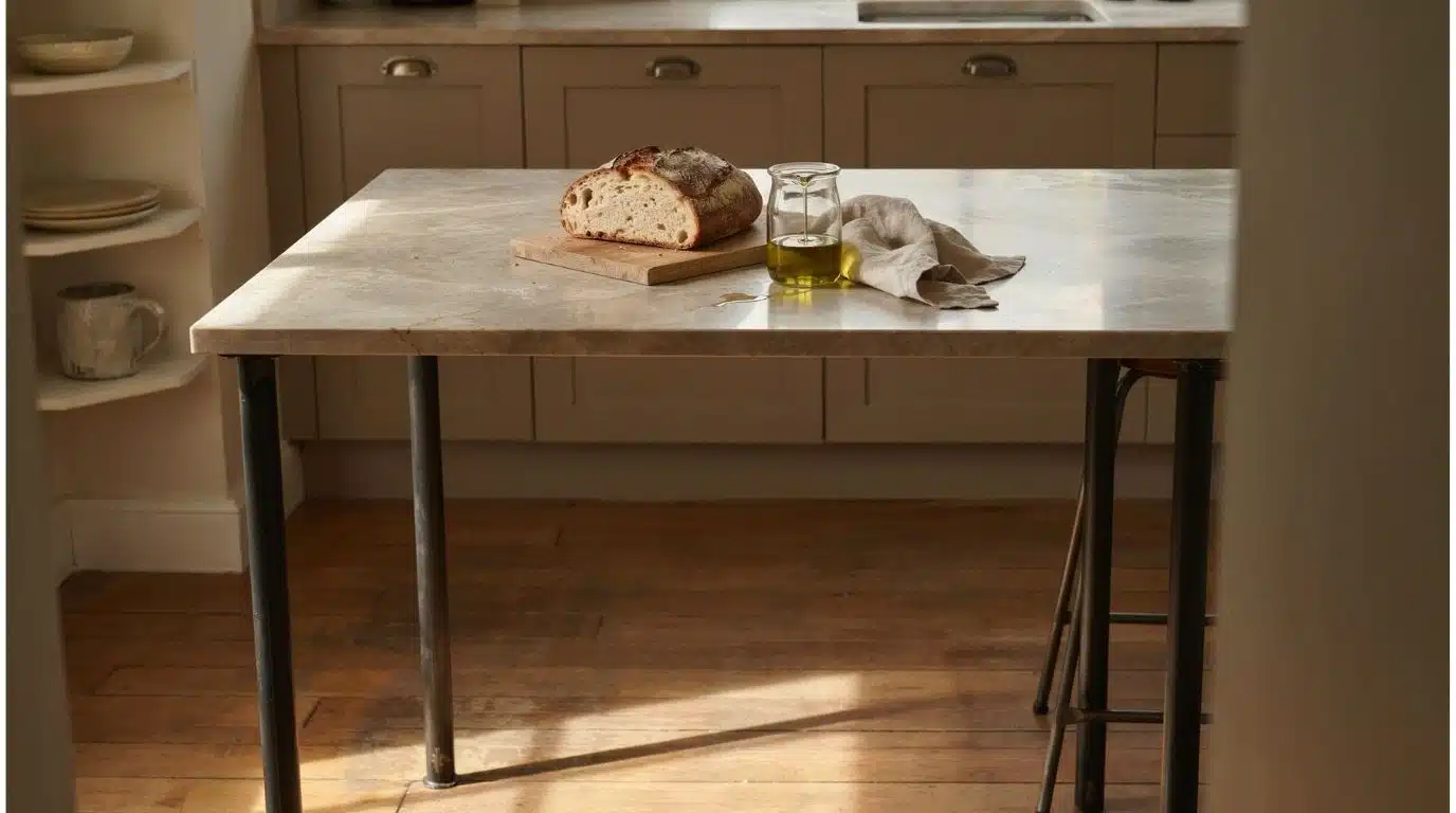 Kitchen island with mixed metal and wood base