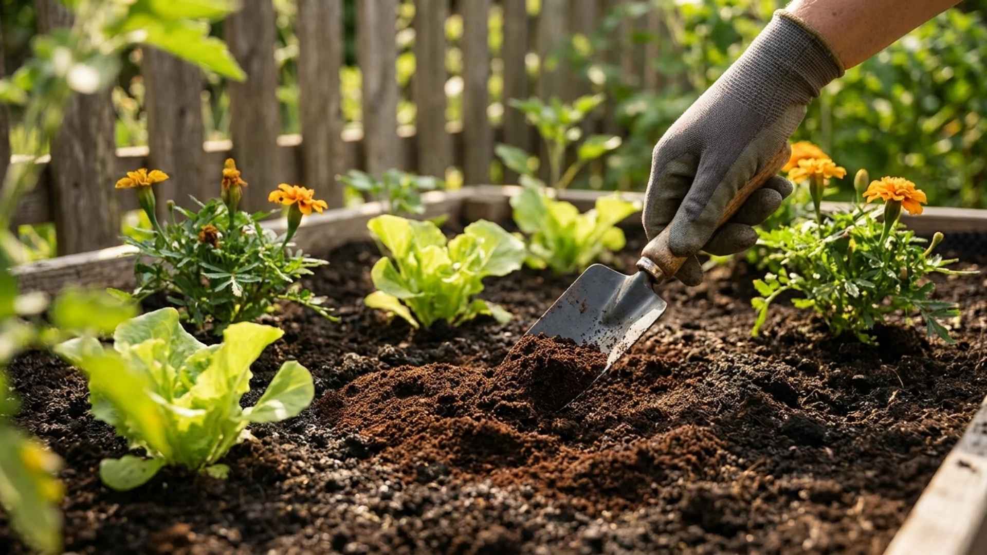 Gardener mixing coffee grounds into topsoil around healthy vegetable and flower plants.
