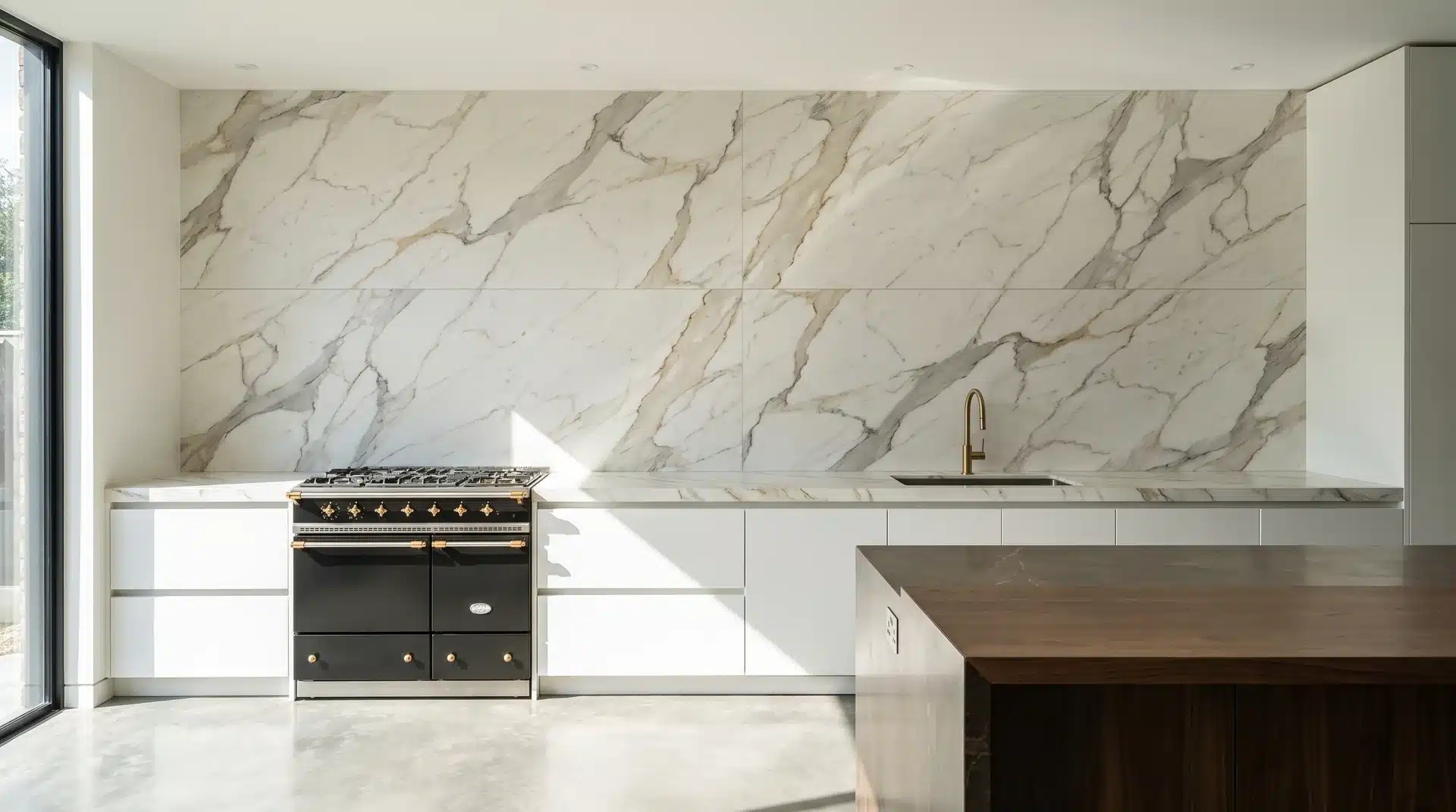 Full kitchen with floor-to-ceiling Calacatta porcelain slab splashback behind range cooker and sink run.